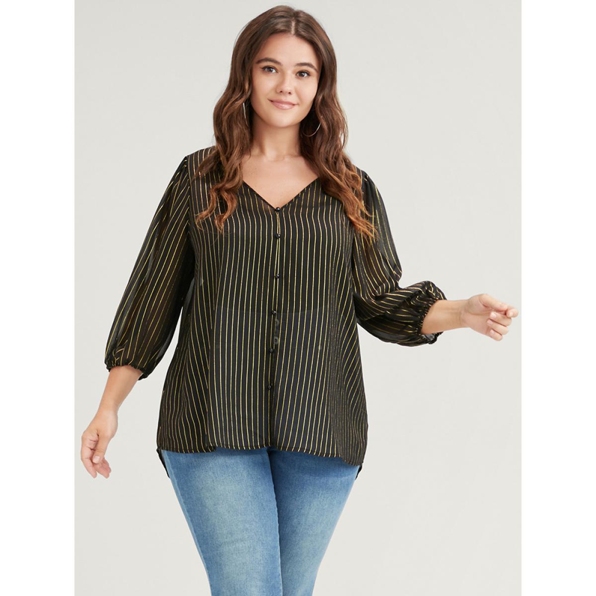 Plus Size Black Striped Mesh Lantern Sleeve V Neck Blouse Women Elegant Elbow-length sleeve V-neck Dailywear Blouses BloomChic 30/6X Product Image