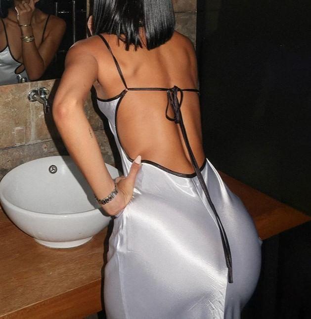 Spaghetti Strap Contrast-Trim Cut-Out Open-Back Satin Maxi Bodycon Dress Product Image