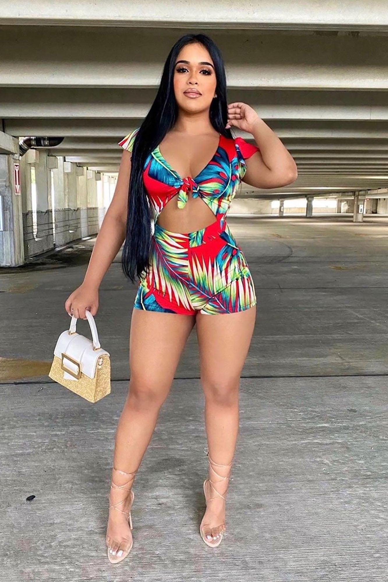 Waist No Time Tropical Romper - Red/combo Product Image