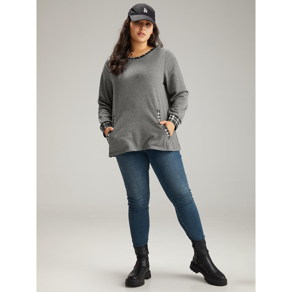 Plus Size Gingham Round Neck Pocket Patchwork Sweatshirt Women DimGray Casual Patchwork Round Neck Dailywear Sweatshirts BloomChic 10/M Product Image
