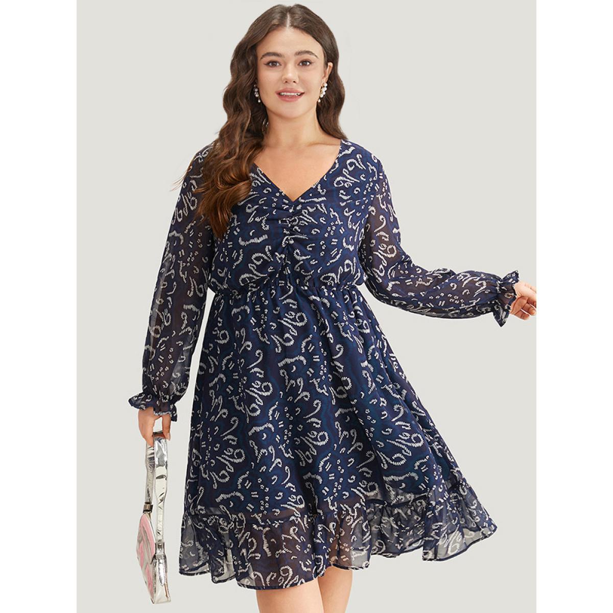 Plus Size Geometric Pocket Ruched Mesh Dress Cerulean Women Office Gathered V-neck Long Sleeve Curvy Midi Dress BloomChic 18-20/2X Product Image