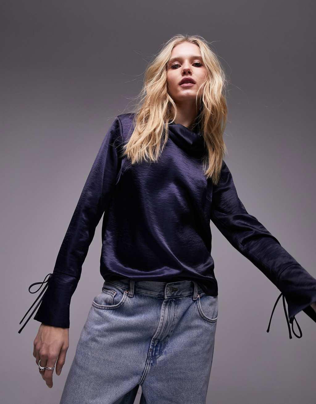 Topshop satin crinkle high neck top Product Image