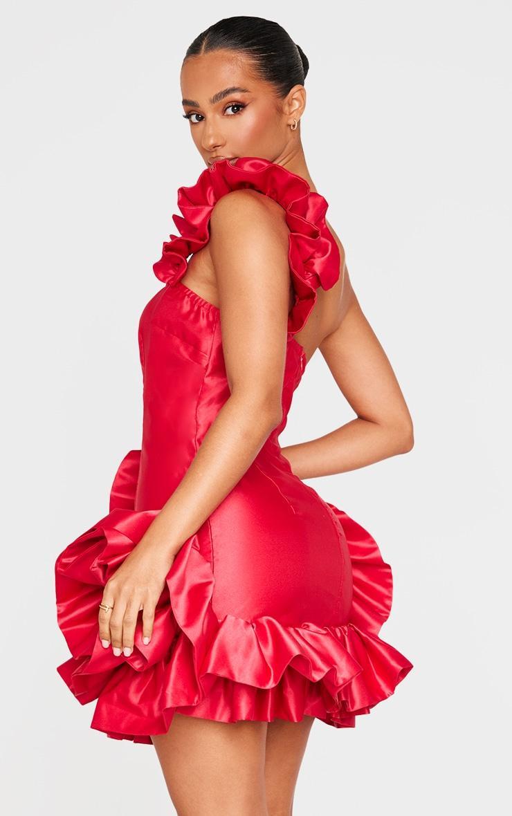 Petite Red Satin Ruffle Hem One Shoulder Mini Dress Product Image