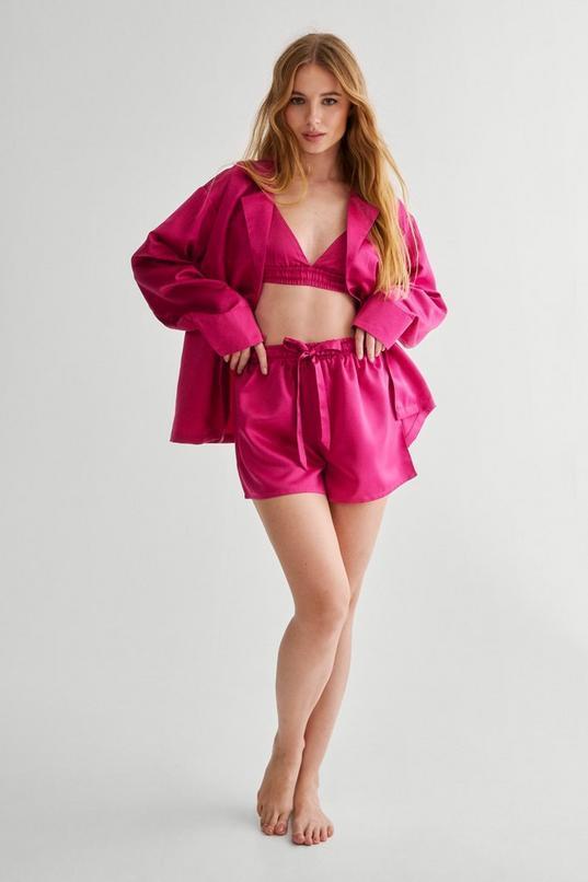 Satin Oversized Shirt, Bralet And Short 3pc Pajama Set Product Image