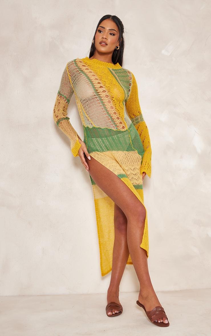 Tall Yellow Open Knit Distressed Maxi Dress With Side Split Product Image