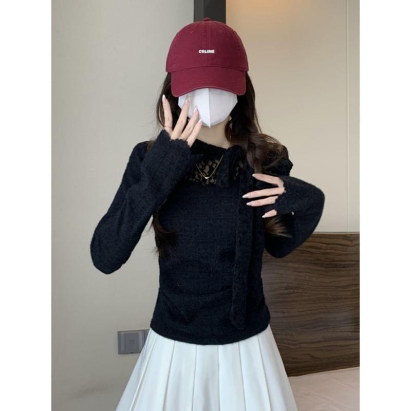 Long Sleeve Mock Neck Plain Tie-Up Panel Lace Top Product Image