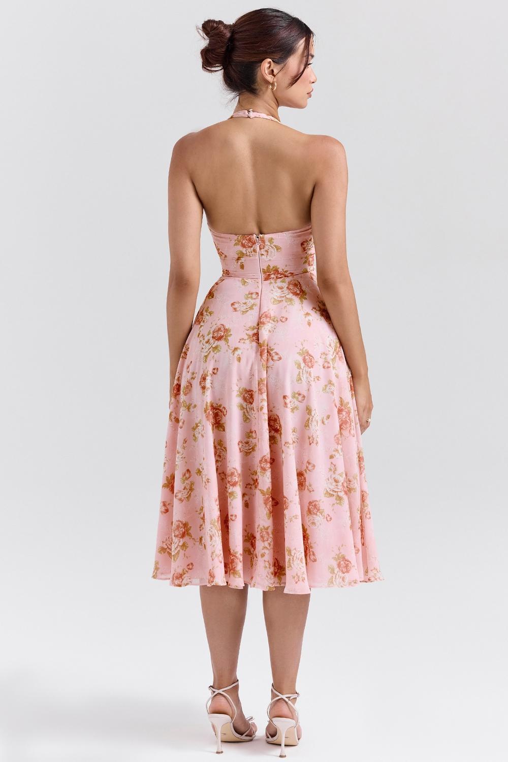 Solada English Vintage Rose Print Georgette Halter Sundress Product Image