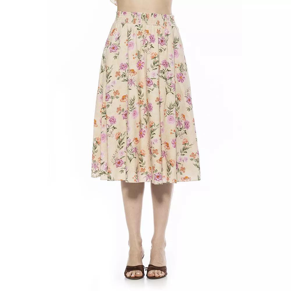 Women's ALEXIA ADMOR Kliene Smocked Waistband Skirt, Size: Large, Beige Wildflowers Product Image
