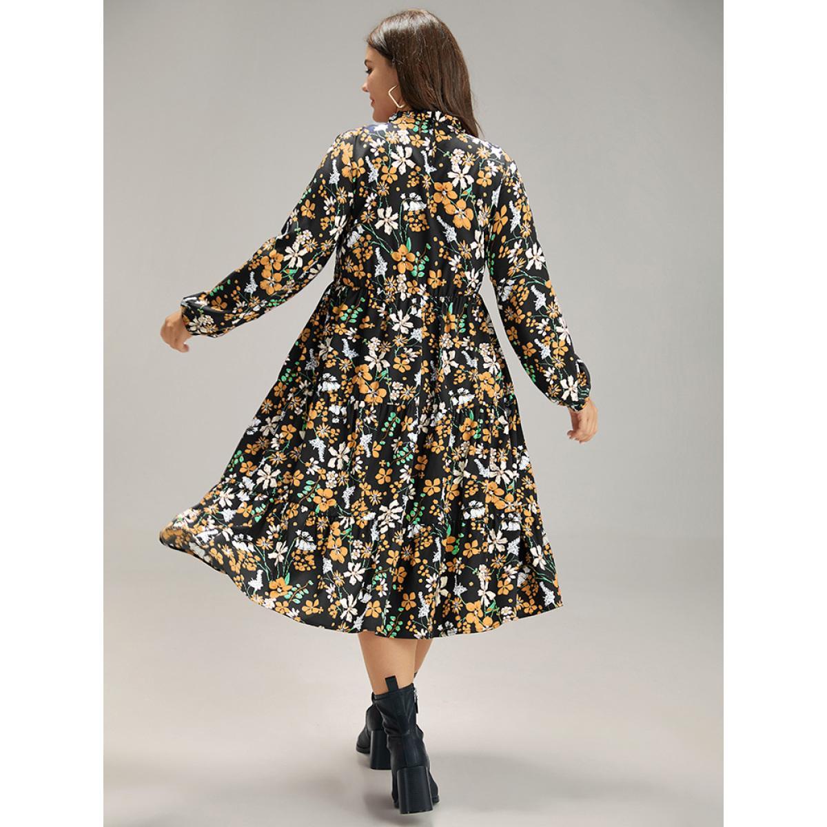 Plus Size Floral Print Keyhole Shirred Dress Black Women Elegant Elastic cuffs Mock Neck Long Sleeve Curvy Midi Dress BloomChic 22-24/3X Product Image