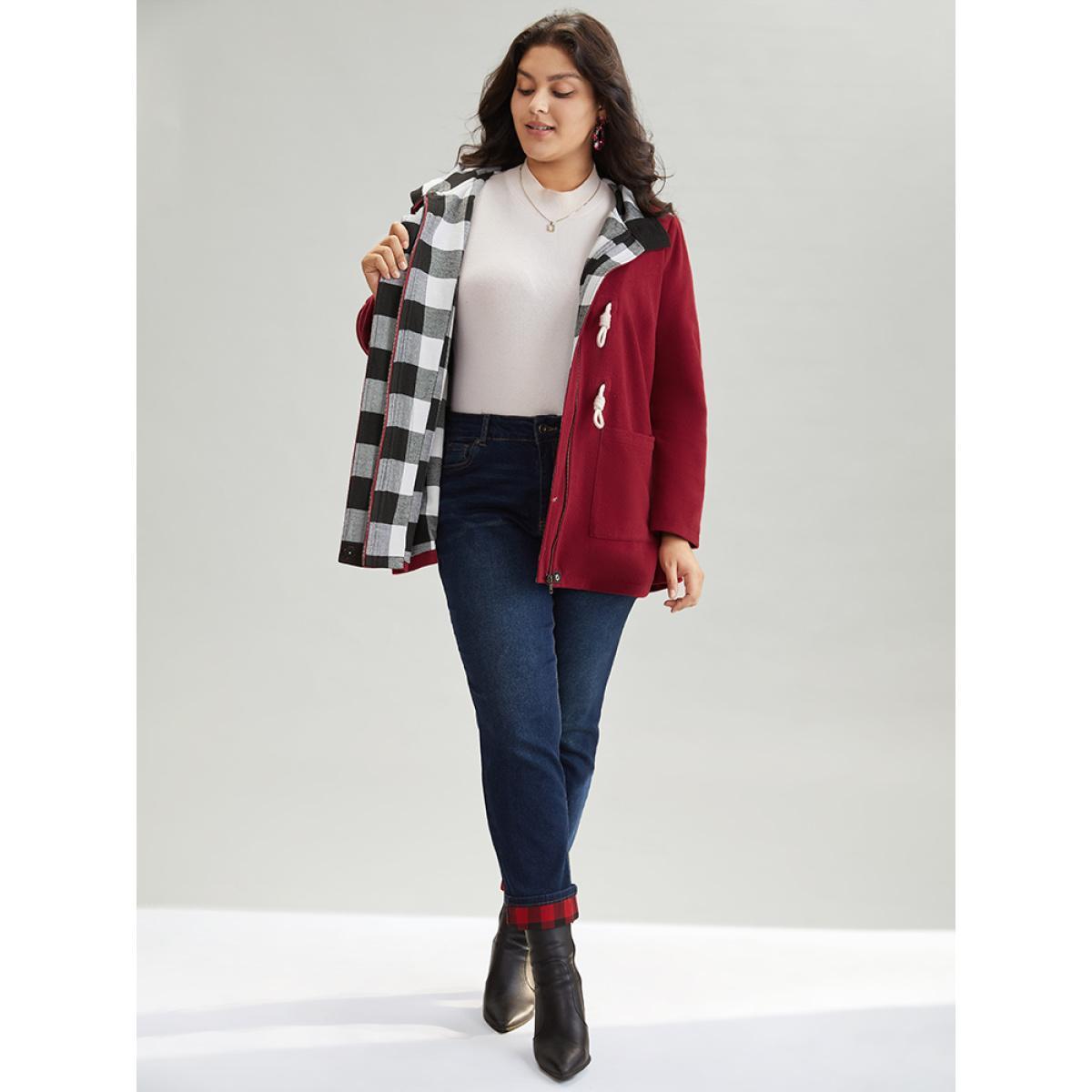 Plus Size Plaid Patchwork Hooded Duffle Button Coat Women Crimson Casual Lined Ladies Dailywear Winter Coats BloomChic 30/6X Product Image