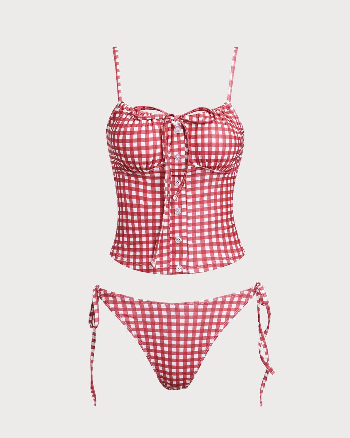 Red Plaid Tie Front Tankini Swimsuit Product Image