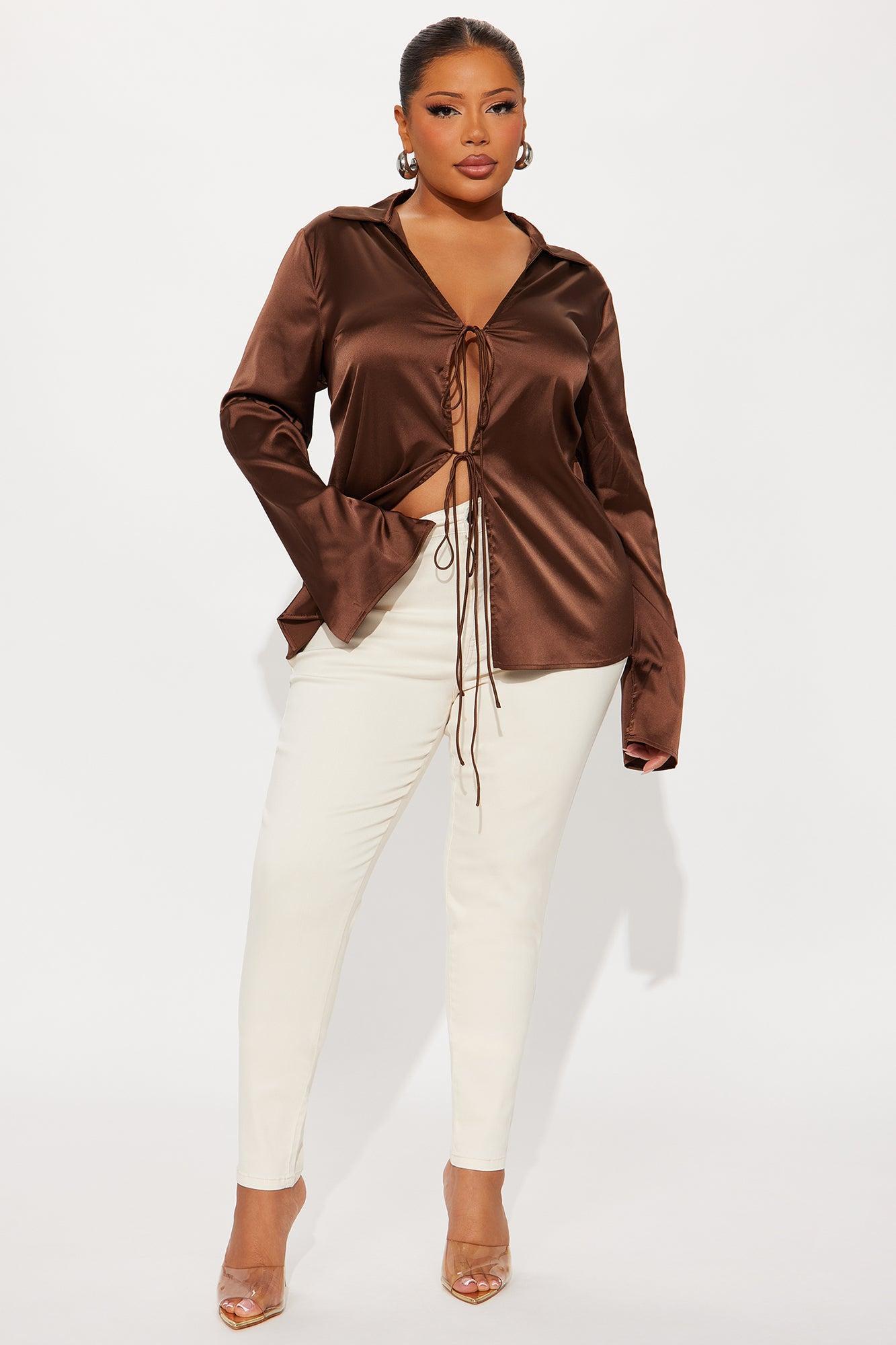 Satin Effect Tie Front Flyaway Top - Chocolate Product Image