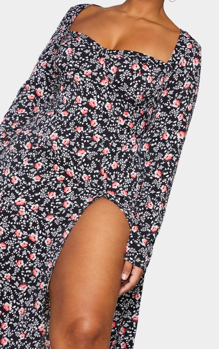 Plus Black Floral Print Cupped Split Detail Midi Dress Product Image