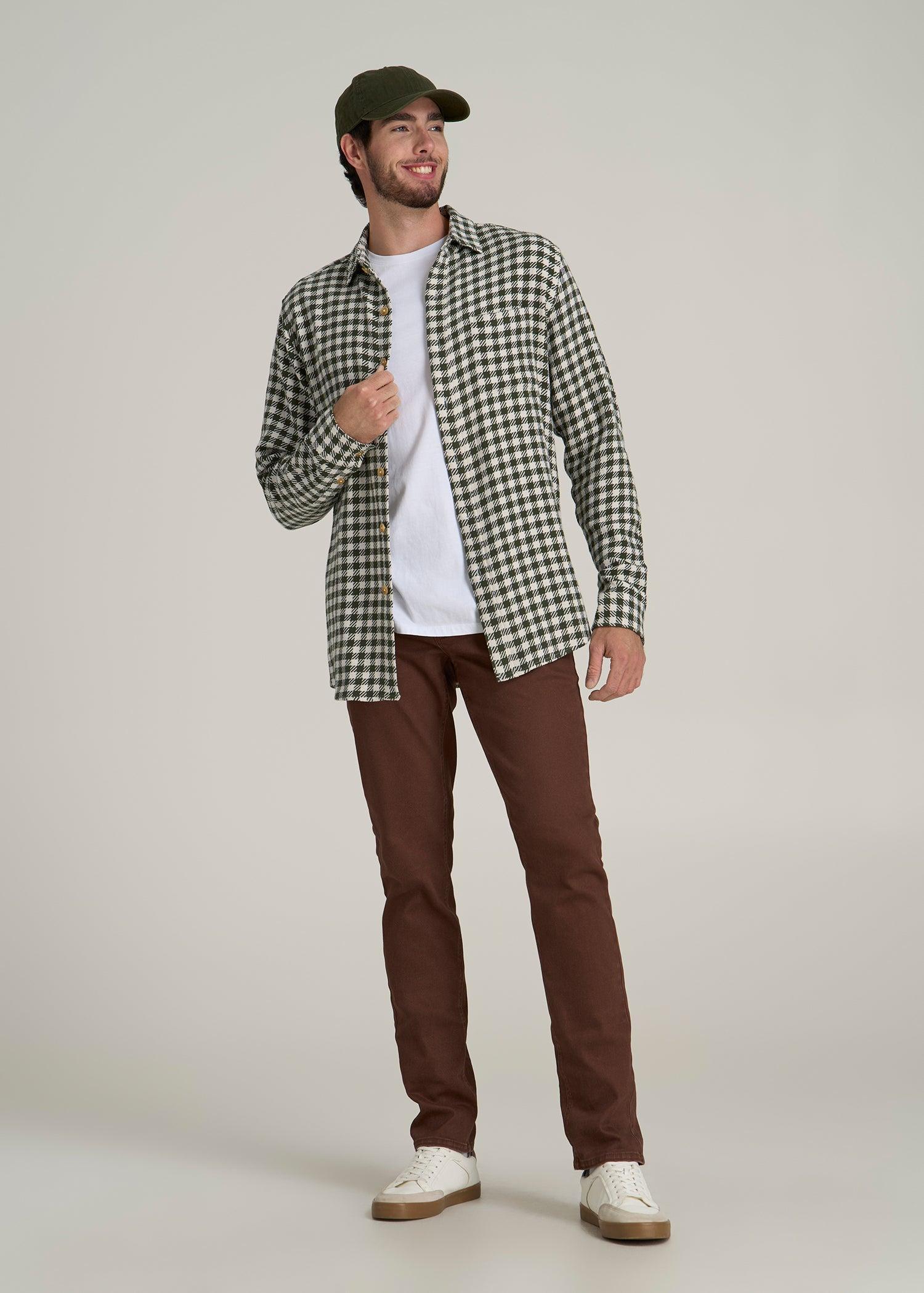 Lightweight Woven Overshirt for Tall Men in Olive and Ecru Check Product Image