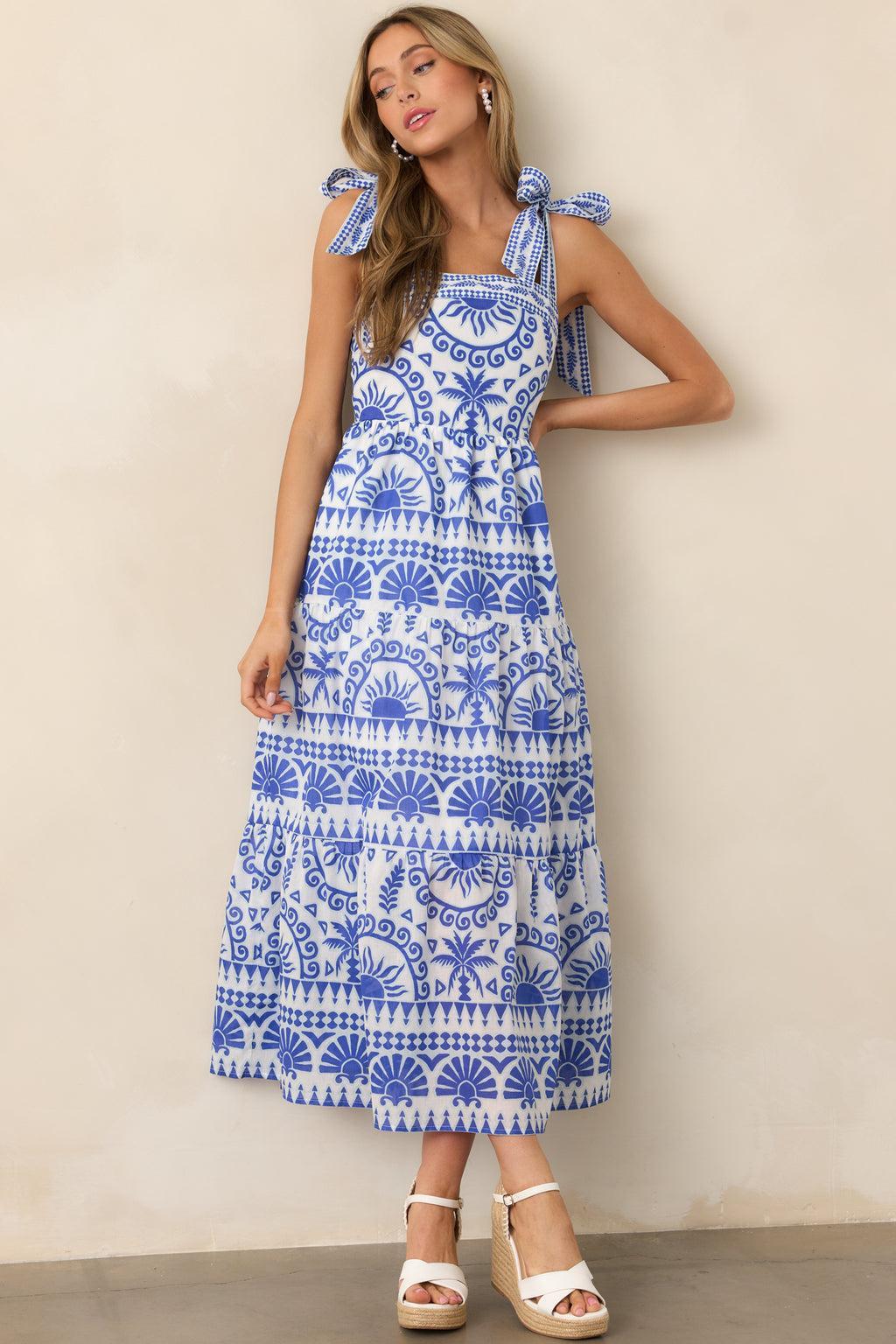 Afternoon Sips Cotton Blue Tropical Print Maxi Dress Product Image
