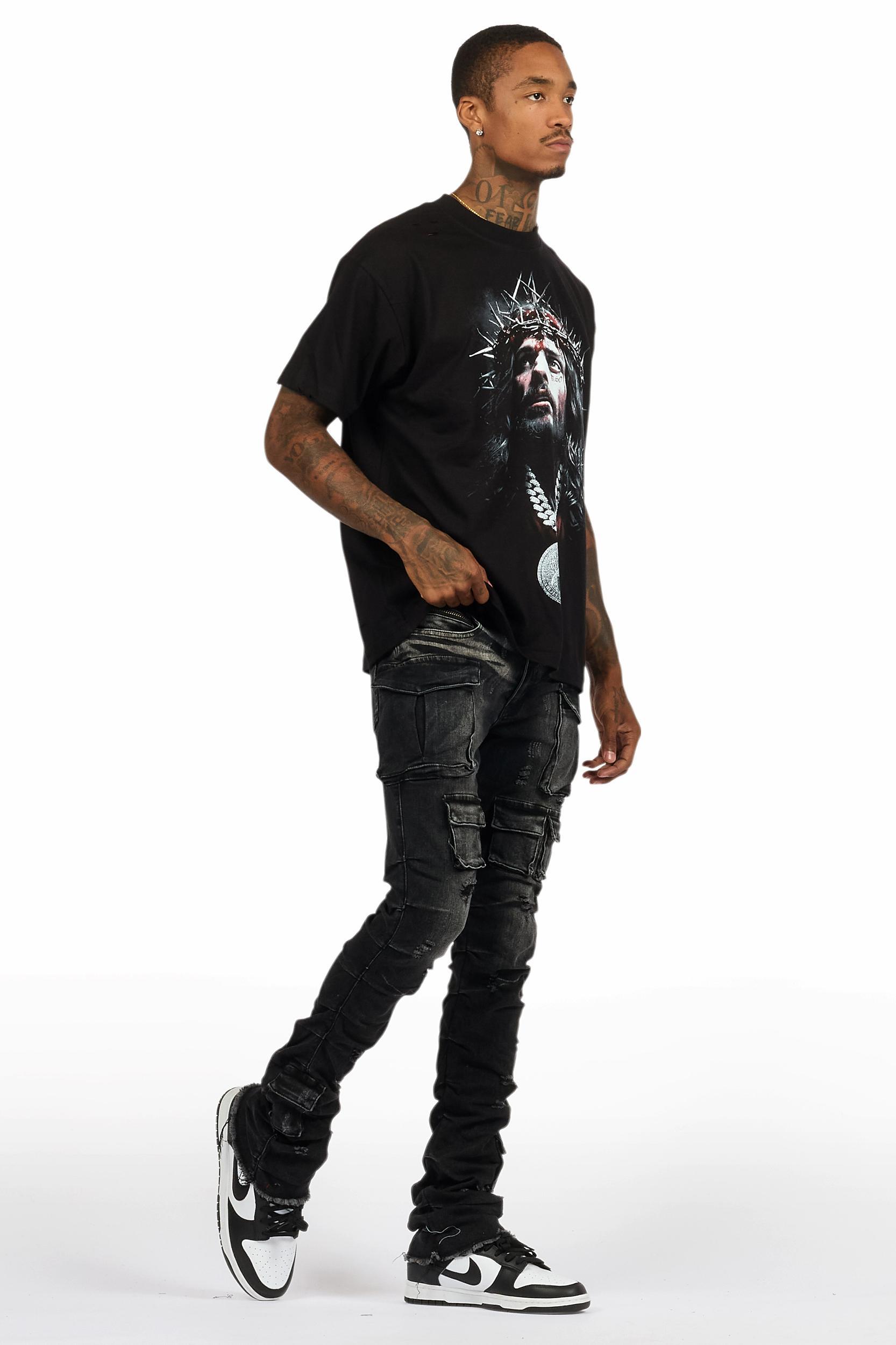 Amina Black T-Shirt & Gentry Dark Grey Stacked Flare Jean Bundle Male Product Image