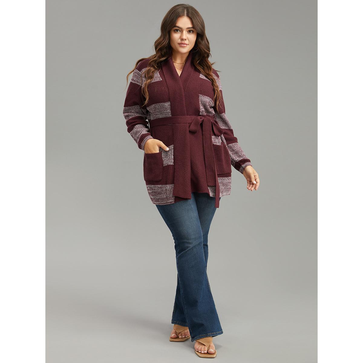 Plus Size Colorblock Heather Belted Pocket Cardigan Burgundy Women Casual Loose Long Sleeve Dailywear Cardigans BloomChic 18-20/2X Product Image