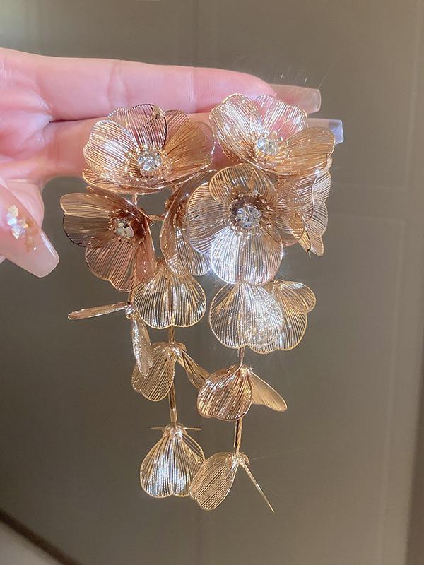 Flower Shape Geometric Rhine Stones Drop Earrings Product Image