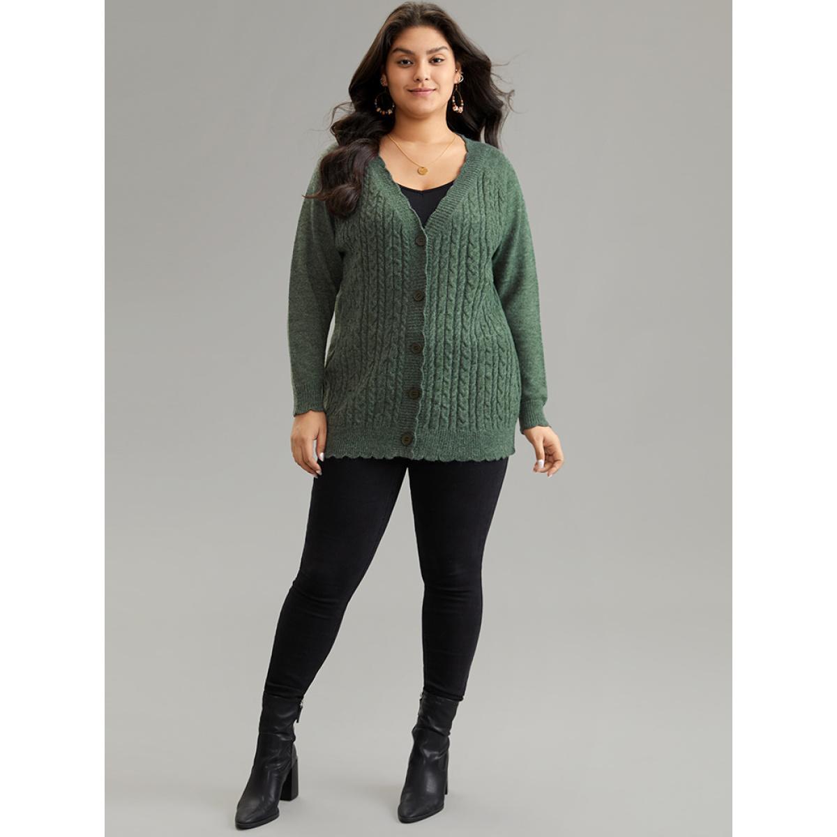 Plus Size Solid Cable Knit Scalloped Trim Cardigan DarkGreen Women Casual Loose Long Sleeve Dailywear Cardigans BloomChic 12/L Product Image
