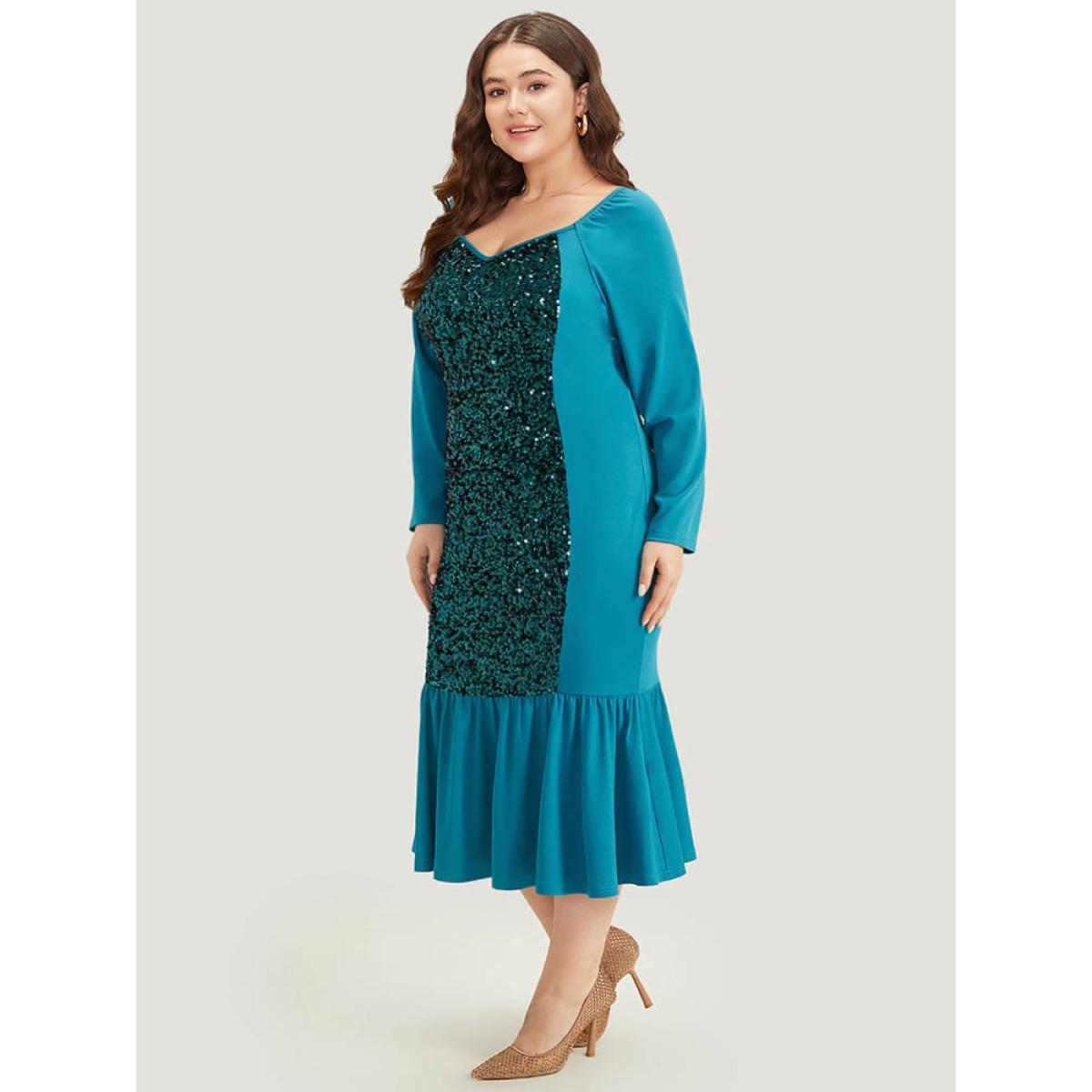 Plus Size Halloween Sequin Patchwork Mermaid Hem Dress Teal Women Glamour Gathered Square Neck Long Sleeve Curvy Midi Dress BloomChic 18-20/2X Product Image