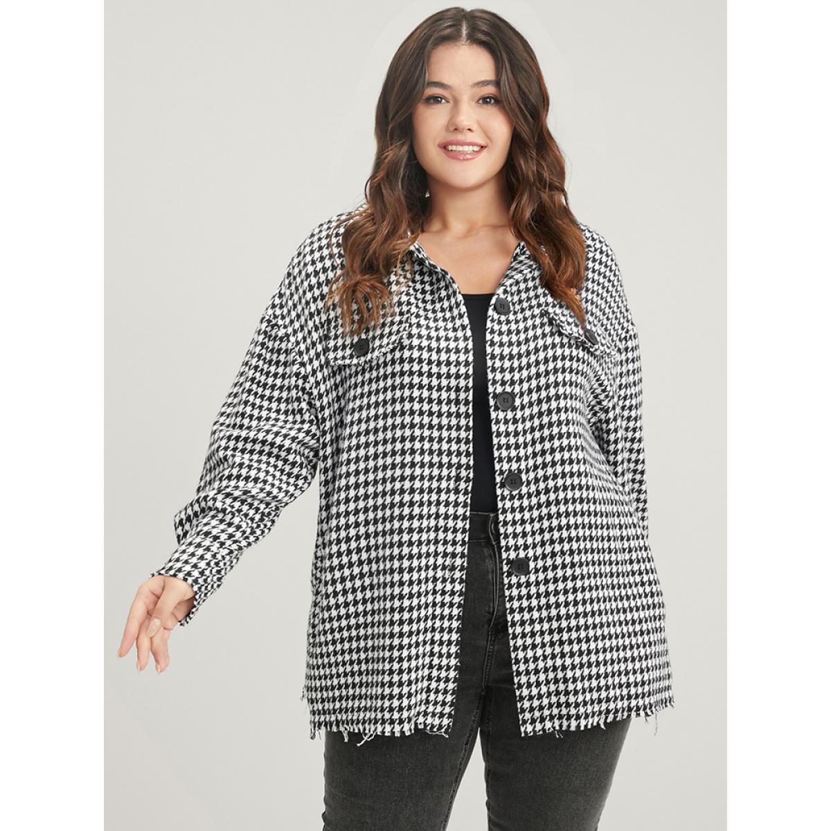 Plus Size Houndstooth Pocket Button Up Coat Women Black Casual Button Ladies Dailywear Winter Coats BloomChic 14-16/1X Product Image