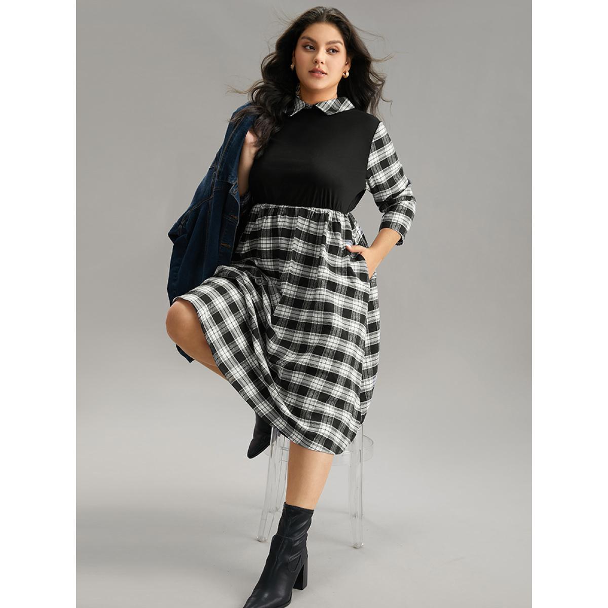 Plus Size Plaid Patchwork Elastic Waist Lapel Collar Dress Black Women Casual Printed Lapel Collar Elbow-length sleeve Curvy Midi Dress BloomChic 28/5X Product Image