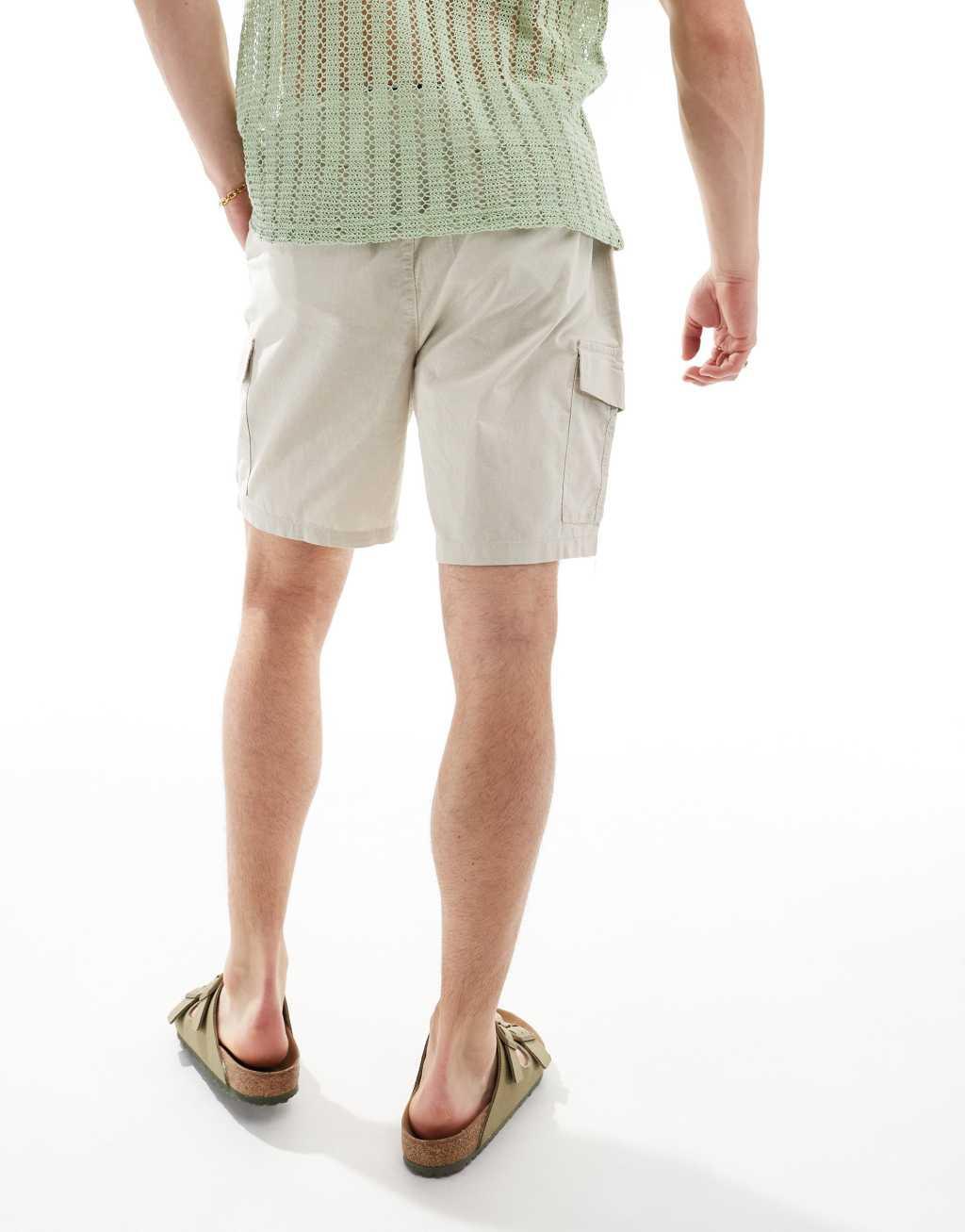 Brave Soul lightweight cotton elastic waist cargo shorts in light stone Product Image