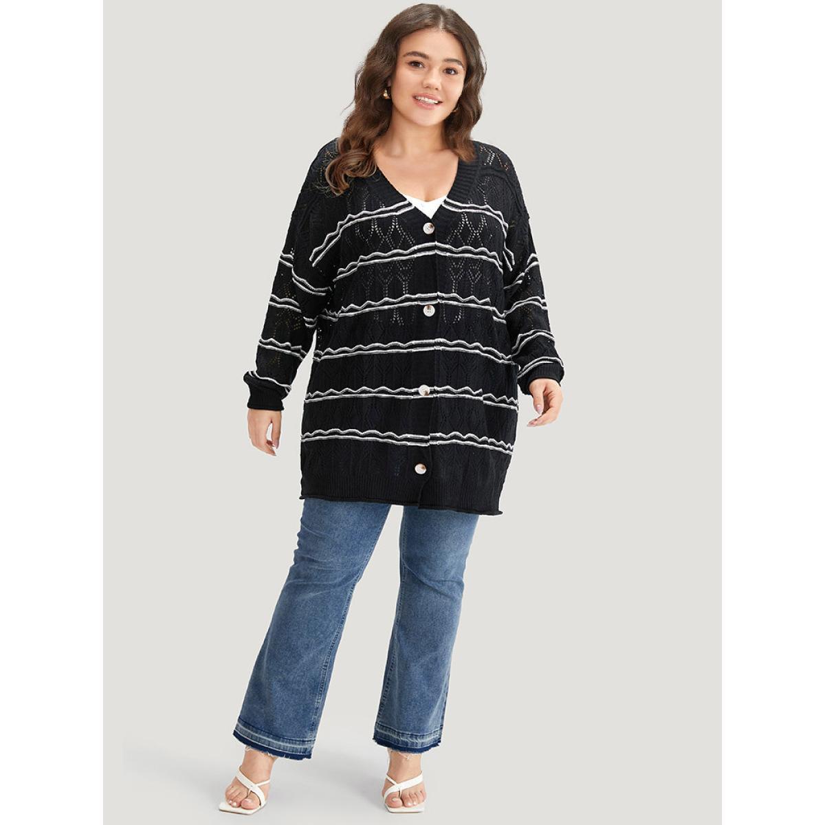 Plus Size Striped Geometric Button Through Cardigan Black Women Casual Loose Long Sleeve Dailywear Cardigans BloomChic 22-24/3X Product Image