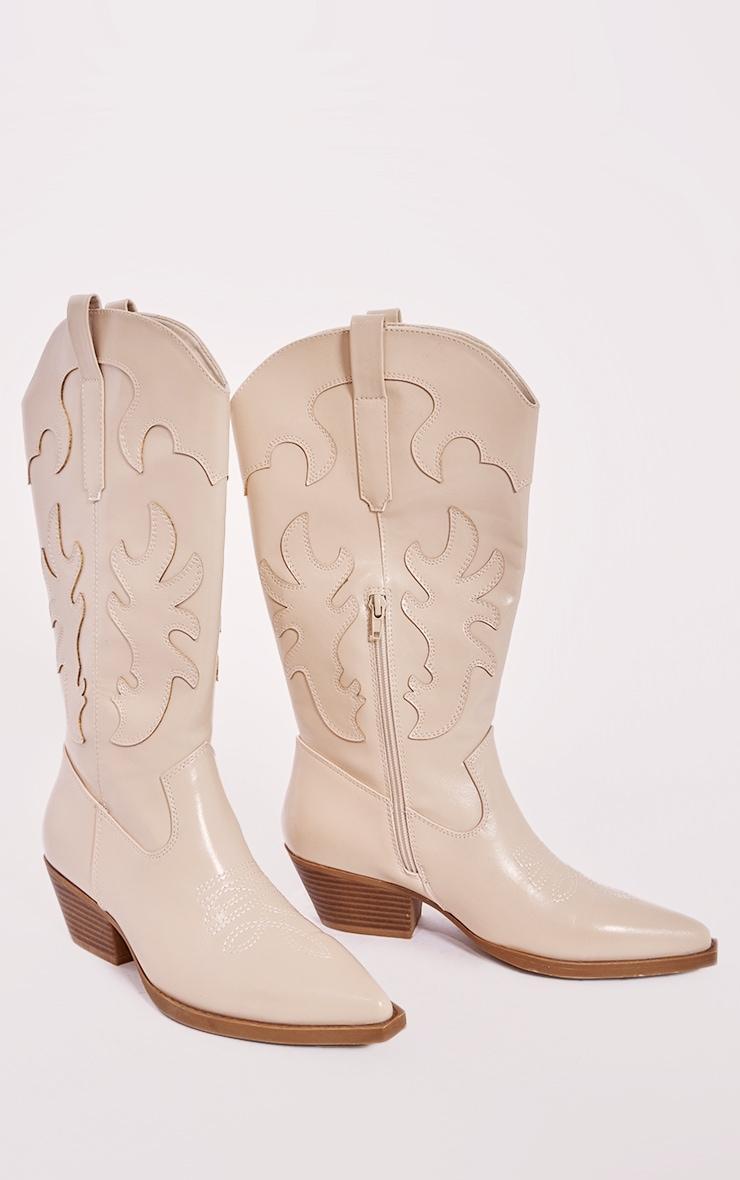 Cream Pu Point Toe Low Block Heel Stitched Western Boots Product Image