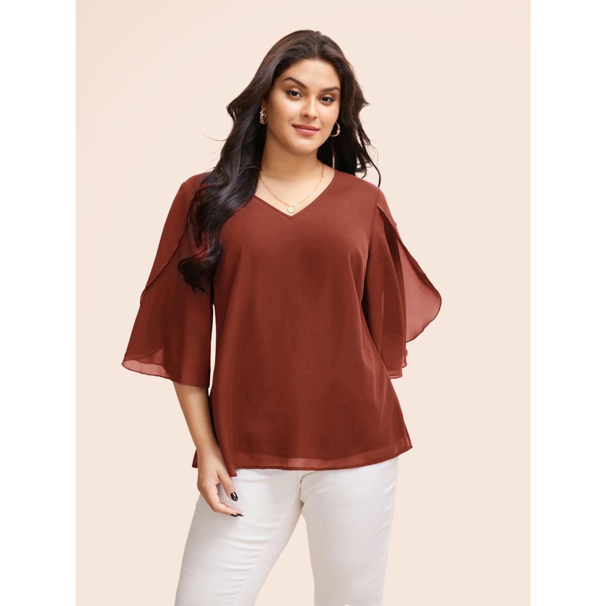 Plus Size Burgundy Chiffon Gathered Petal Sleeve Blouse Women Elegant Elbow-length sleeve V-neck Everyday Blouses BloomChic 12/L Product Image