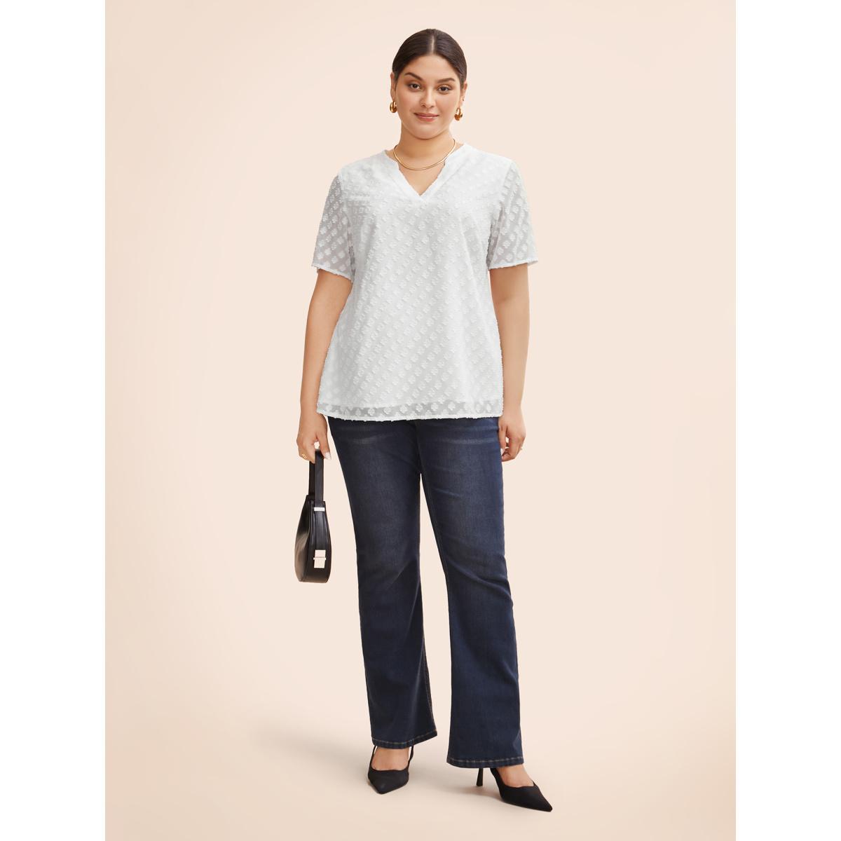 Plus Size Originalwhite Jacquard Notched Tiered Mesh Blouse Women Work From Home Half Sleeve Flat collar with V-notch Work Blouses BloomChic 14-16/1X Product Image