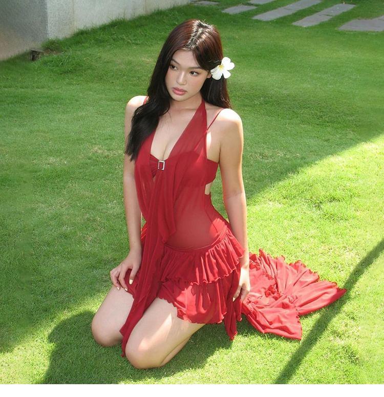 Halter Plain Asymmetrical Lettuce Edge Mini Bodycon Dress Product Image