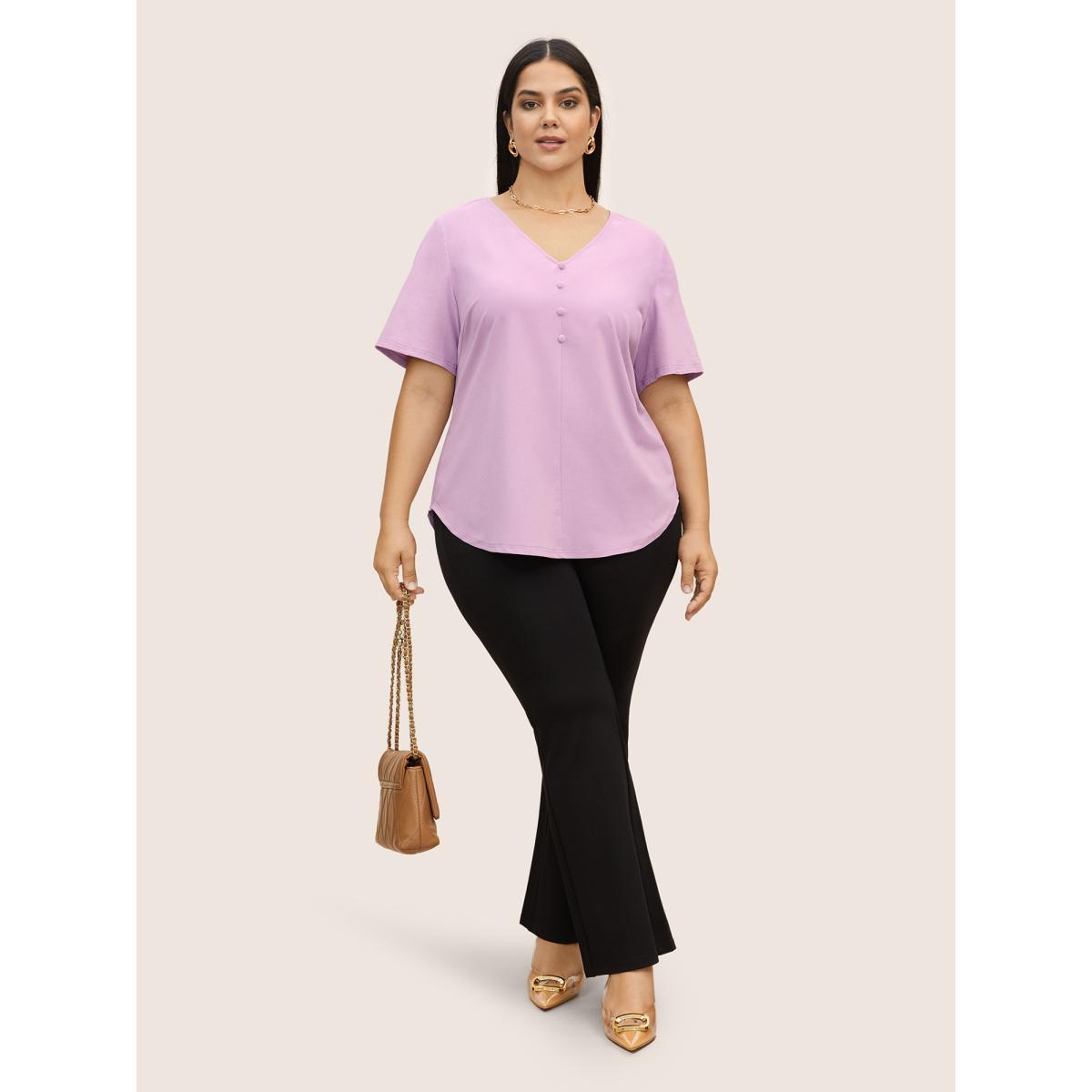 Plus Size Lilac Stretchy Woven Solid Button Detail Blouse Women Work From Home Short sleeve V-neck Work Blouses BloomChic 28/5X Product Image