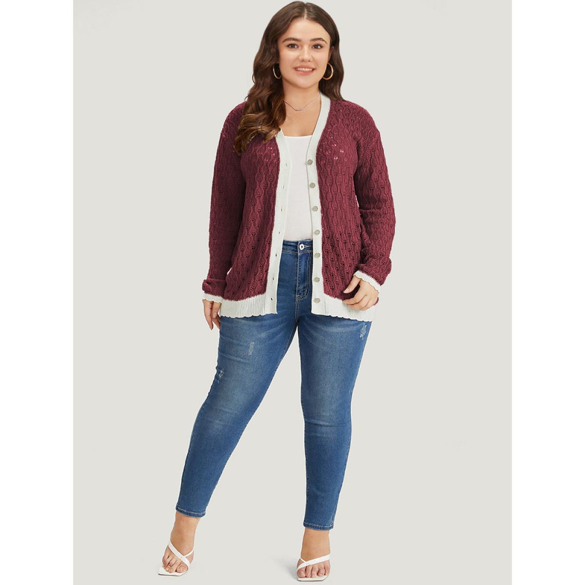 Plus Size Two Tone Patchwork Cut Out Button Down Cardigan Burgundy Women Casual Loose Long Sleeve Work Cardigans BloomChic 10/M Product Image