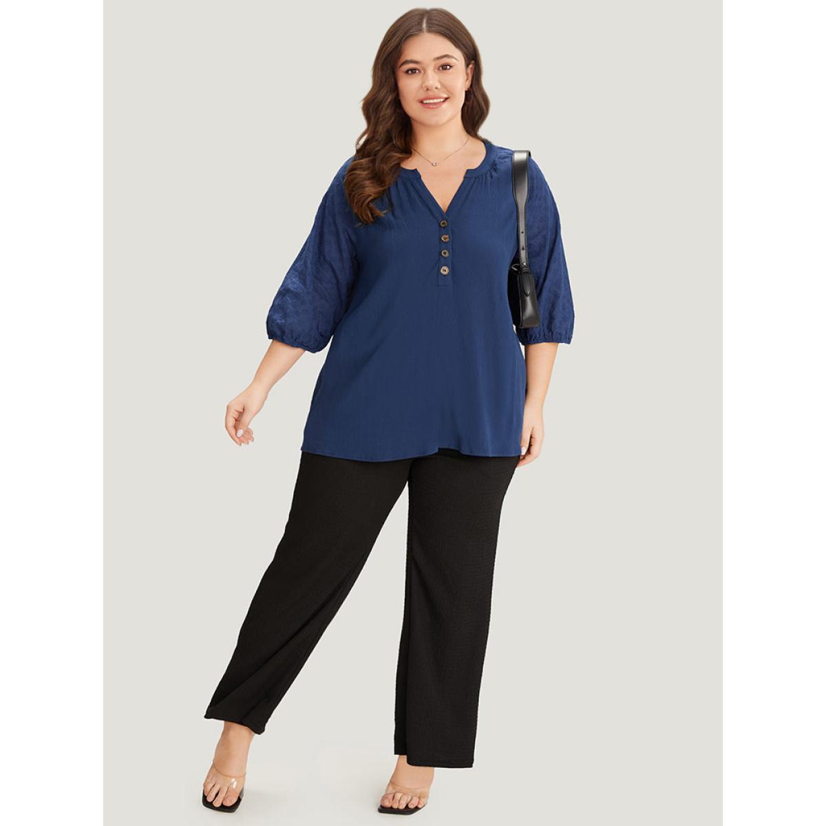 Plus Size Indigo Solid Button Up Patchwork Notched Lantern Sleeve Blouse Women Office Elbow-length sleeve Notched collar Work Blouses BloomChic 12/L Product Image