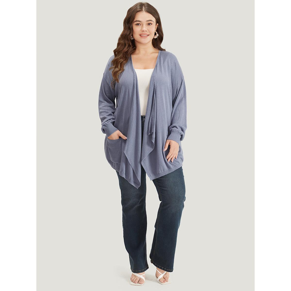 Plus Size Supersoft Essentials Solid Lapel Collar Patched Pocket Cardigan Stone Women Casual Loose Long Sleeve Dailywear Cardigans BloomChic 22-24/3X Product Image