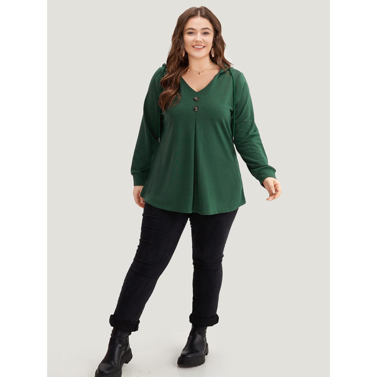 Plus Size Hooded Button Detail Plicated Detail Sweatshirt Women DarkGreen Casual Plain Hooded Everyday Sweatshirts BloomChic 18-20/2X Product Image