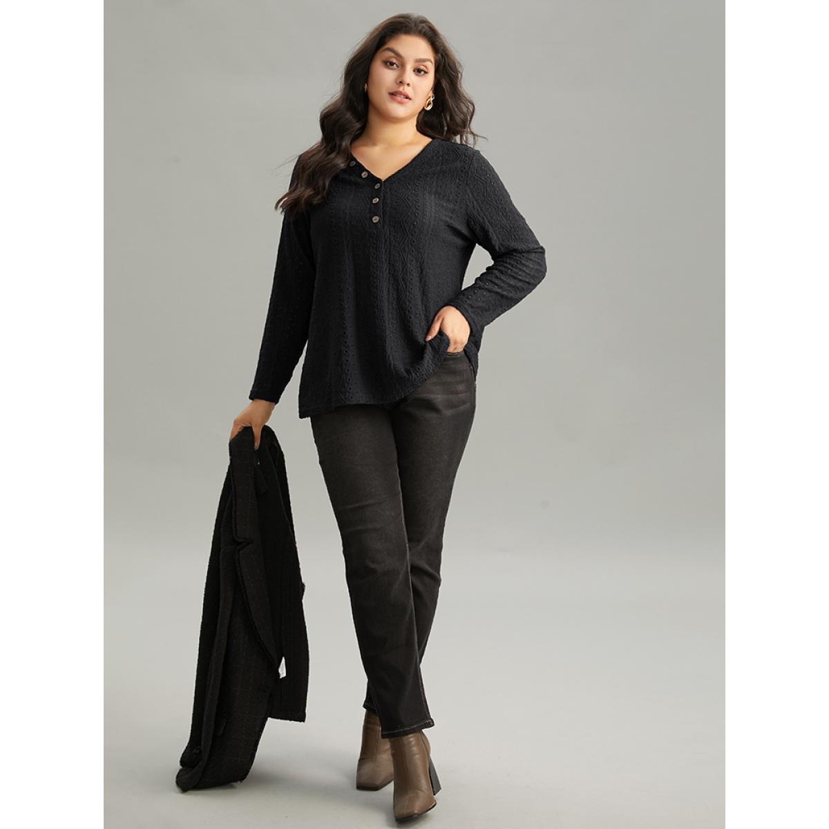 Plus Size Broderie Anglaise Button Detail Jacquard T-shirt Black Women Elegant Texture Plain V-neck Dailywear T-shirts BloomChic 14-16/1X Product Image