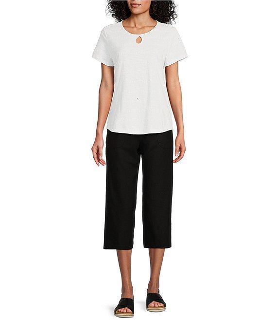 Allison Daley Petite Size Embellished Short Sleeve Keyhole Neck Knit Top Product Image