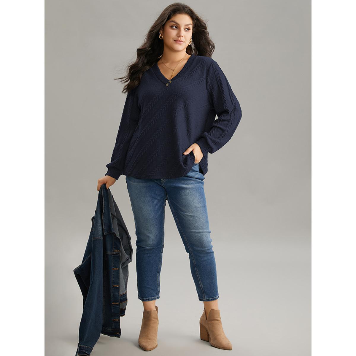 Plus Size Plisse Solid Button Detail Sweatshirt Women Indigo Elegant Texture V-neck Everyday Sweatshirts BloomChic 14-16/1X Product Image