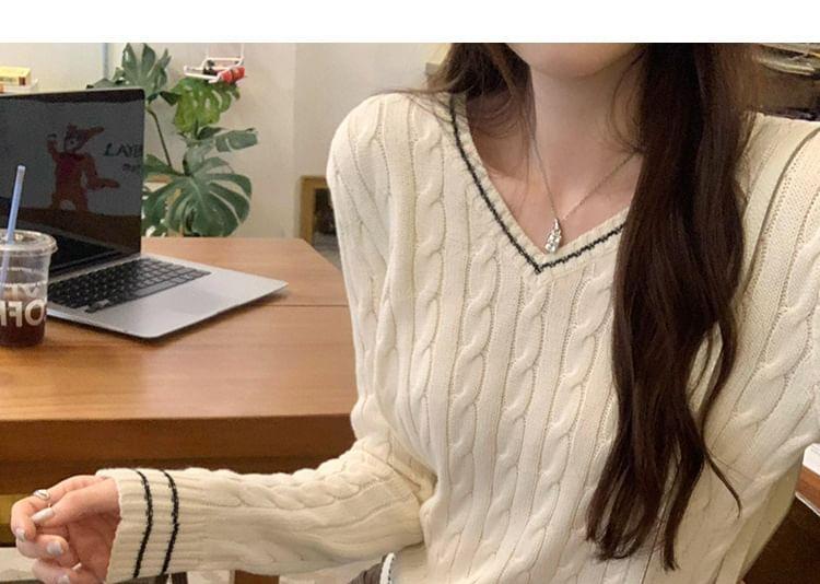V-Neck Striped Cable Knit Sweater Product Image