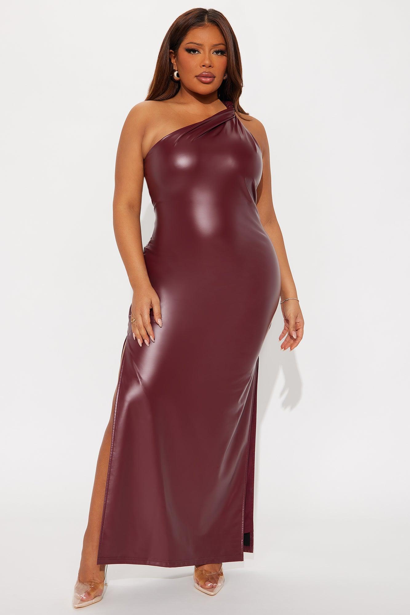 Conna Faux Leather One Shoulder Maxi Dress - Wine Product Image