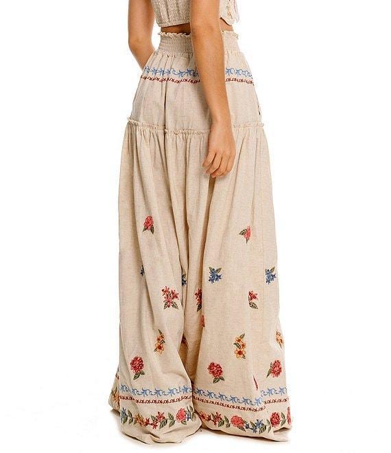 Agua Bendita Jenna Blush Floral Embroidered Smocked Waist Maxi Skirt Product Image