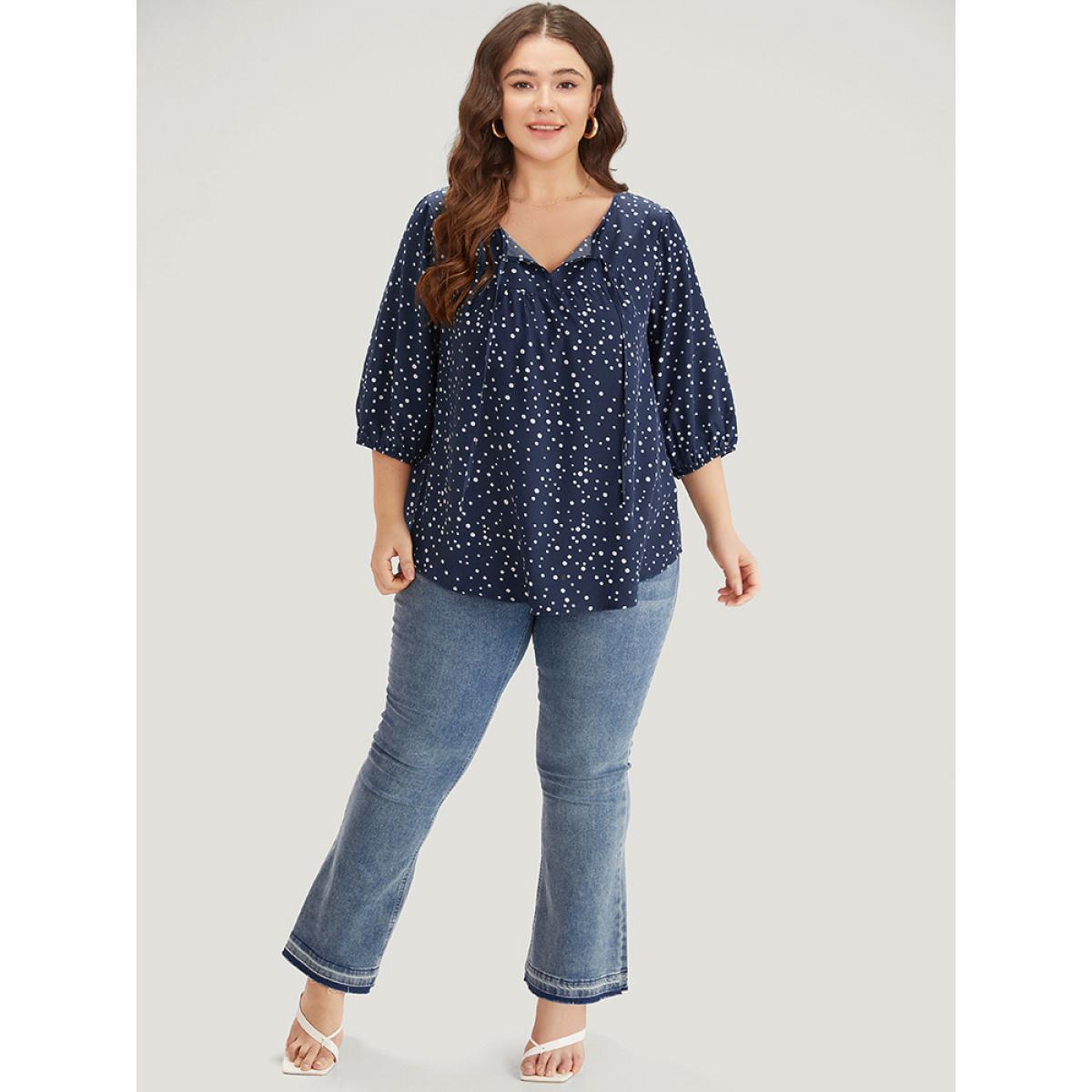 Plus Size Indigo Polka Dot Knot Neck Arc Hem Blouse Women Elegant Elbow-length sleeve Tie Neck Dailywear Blouses BloomChic 22-24/3X Product Image