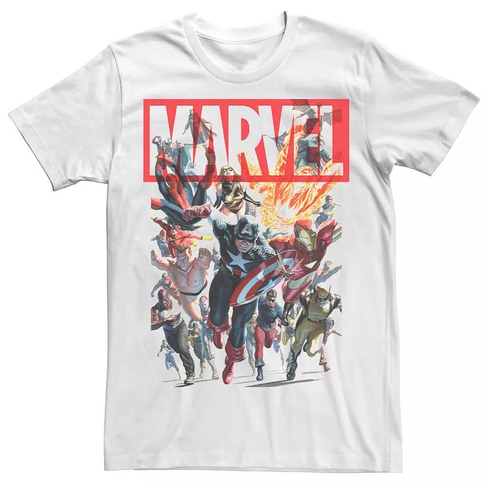 Men's Marvel D23 Exclusive Group Shot Portrait Red Brick Logo Tee, Size: 3XL, White Product Image