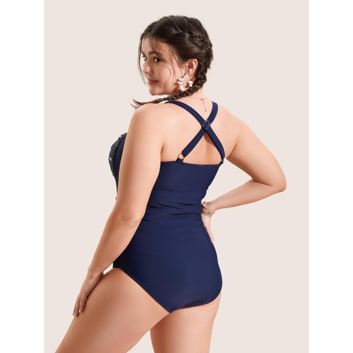 Plus Size Polka Dot Patchwork Crossover One Piece Swimsuit Women's Swimwear Indigo Beach Twist Curve Bathing Suits High stretch One Pieces BloomChic 28/5X Product Image