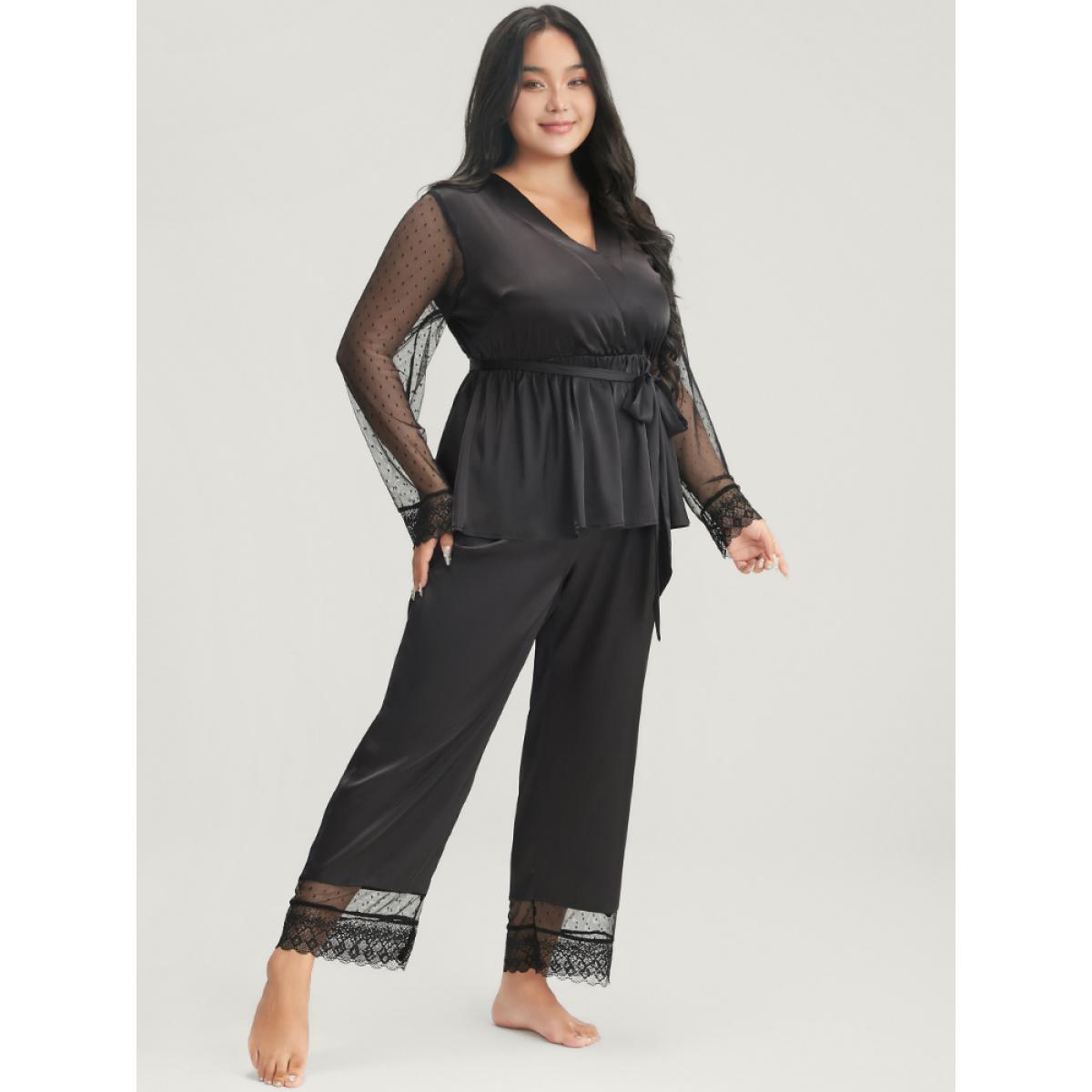 Plus Size Solid Mesh Lace Wrap Belted Pajama Set Women Black Plain Cross straps Long Sleeve V-neck Elegant Loungewear Sets BloomChic 18-20/2X Product Image