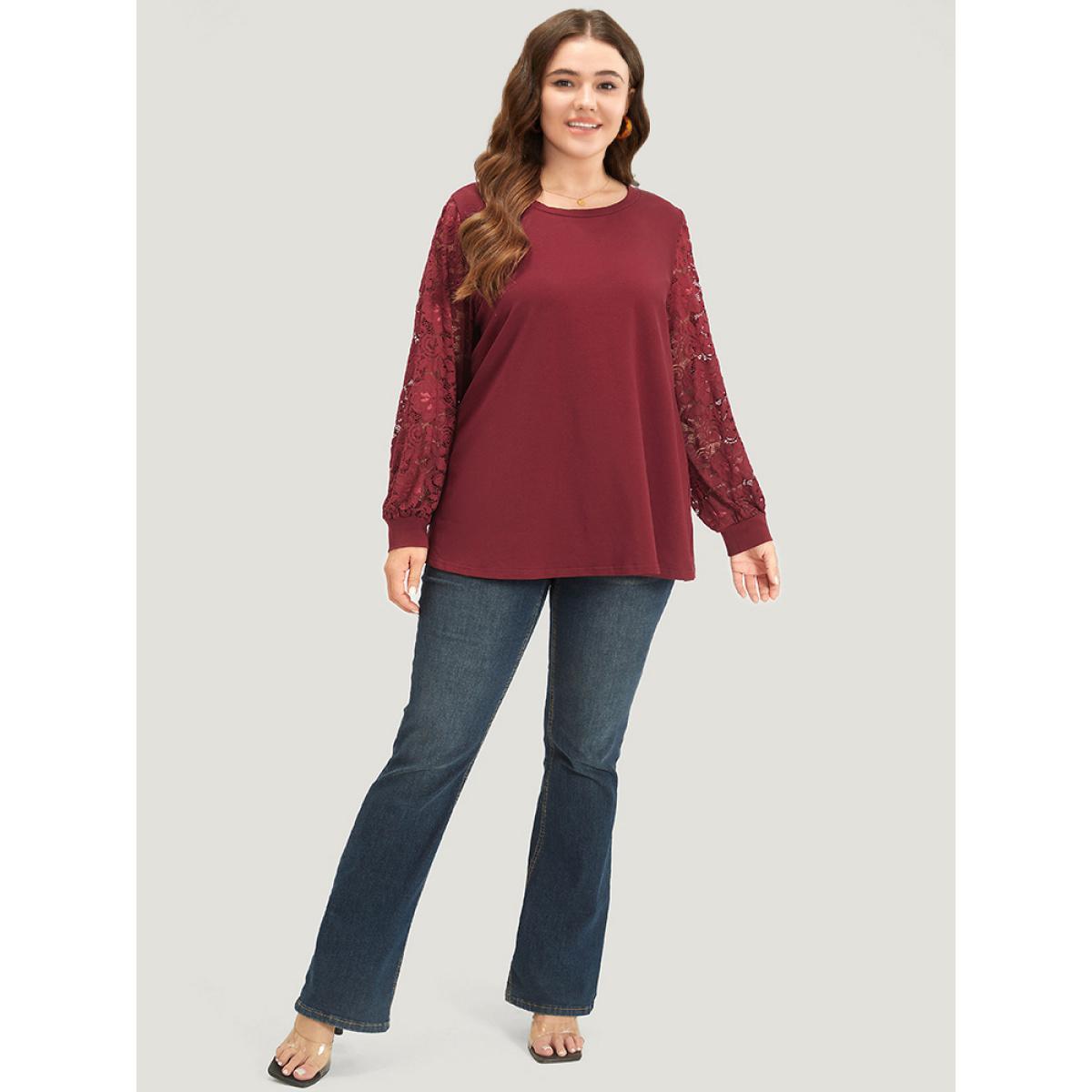 Plus Size Solid Crochet Lace Mesh Round Neck Sweatshirt Women Scarlet Elegant Elastic cuffs Round Neck Dailywear Sweatshirts BloomChic 28/5X Product Image