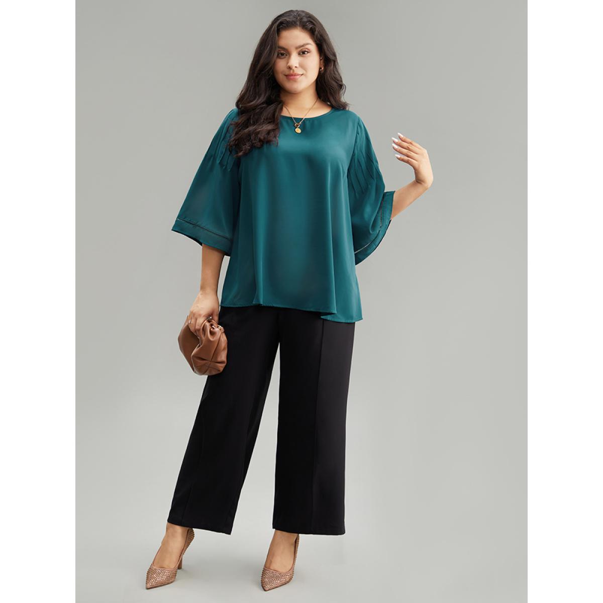 Plus Size Cyan Anti-Wrinkle Pleated Detail Flounce Sleeve Blouse Women Office Half Sleeve Round Neck Work Blouses BloomChic 30/6X Product Image