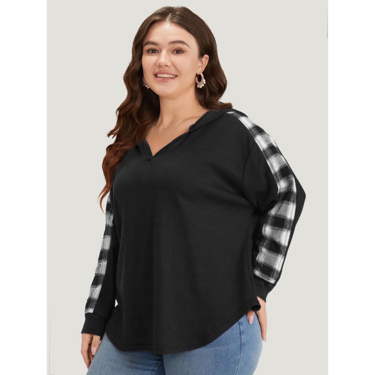 Plus Size Plaid Patchwork Hooded Plisse Sweatshirt Women Black Casual Elastic cuffs Hooded Everyday Sweatshirts BloomChic 18-20/2X Product Image